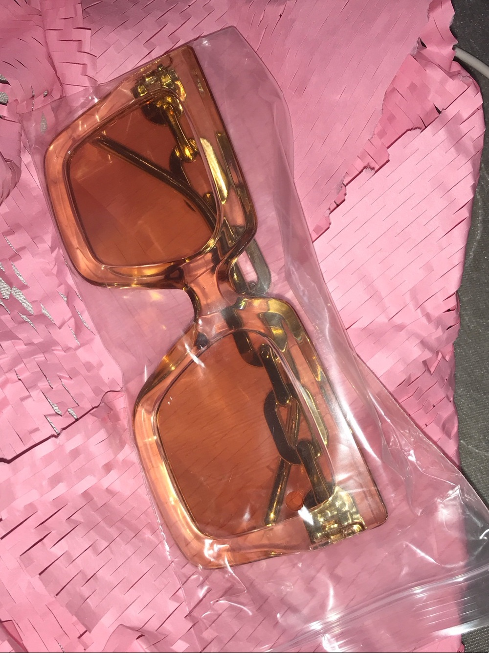 Transparent Amber Square Sunglasses with gold chain detail- Women Accessories